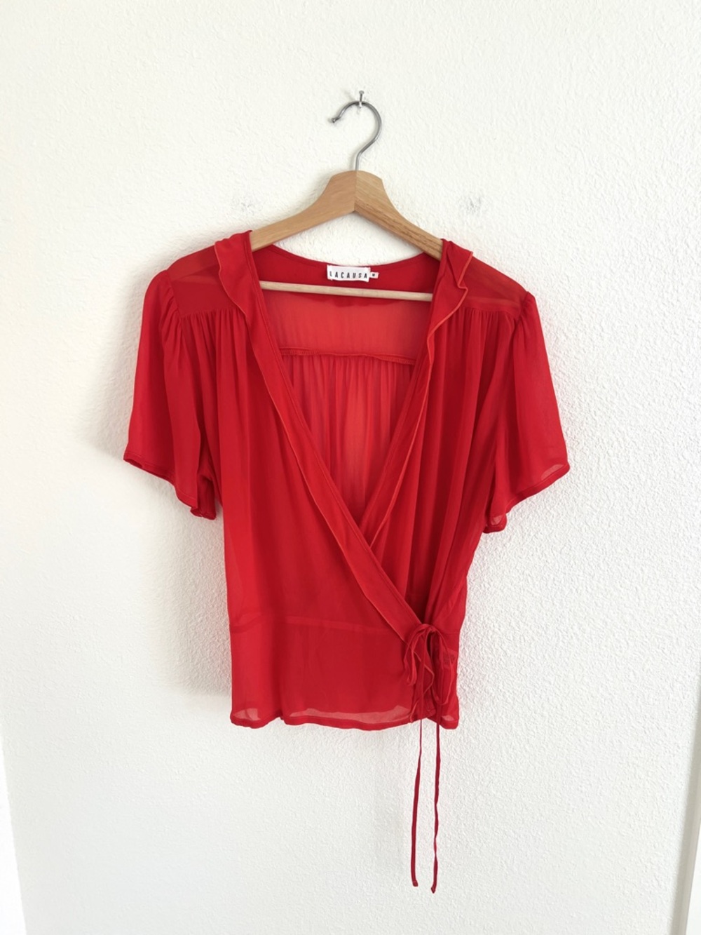 LACAUSA red sheer wrap ruffle blouse feminine coquette / size M